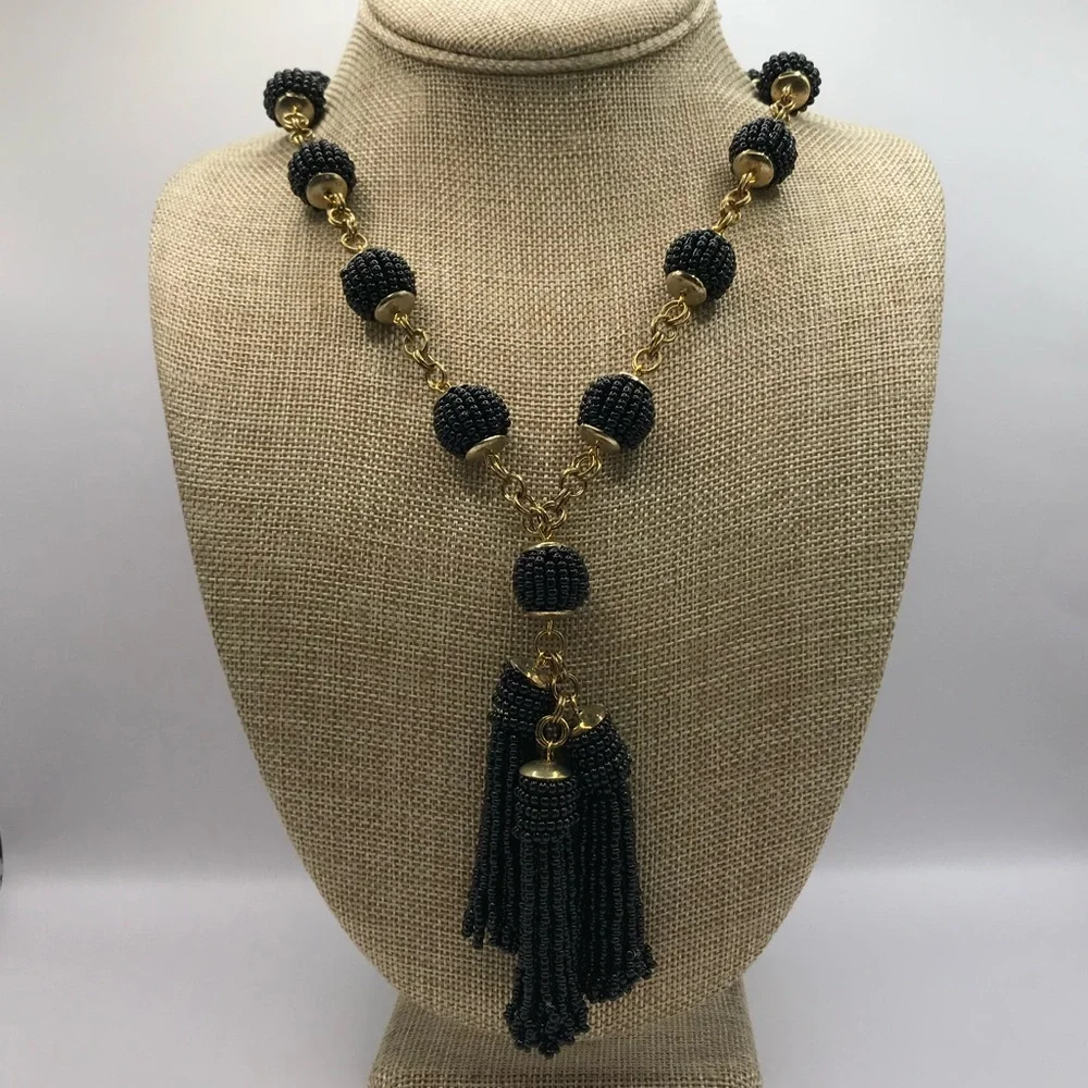 Elegant Black Seed Beads and Gold-Tone Accents with Beaded Tassels Necklace - Picture 2 of 8